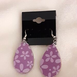 New laser cut purple floral teardrop earrings laminated 1"